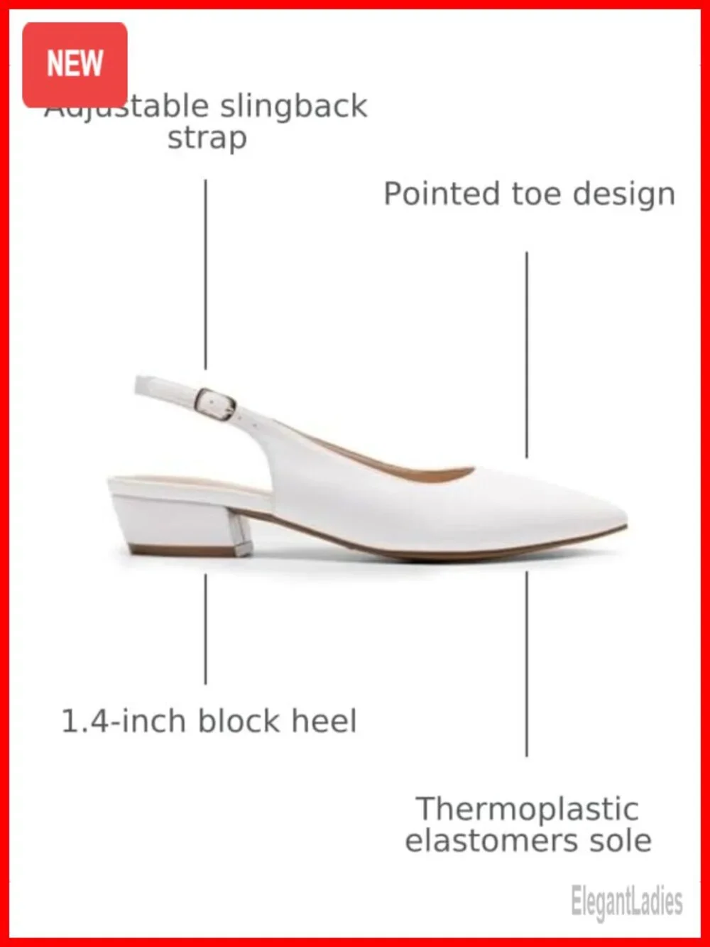 Slingback Low Block Heels Pumps - Faux Leather - Pointed Toe - Adjustable Strap